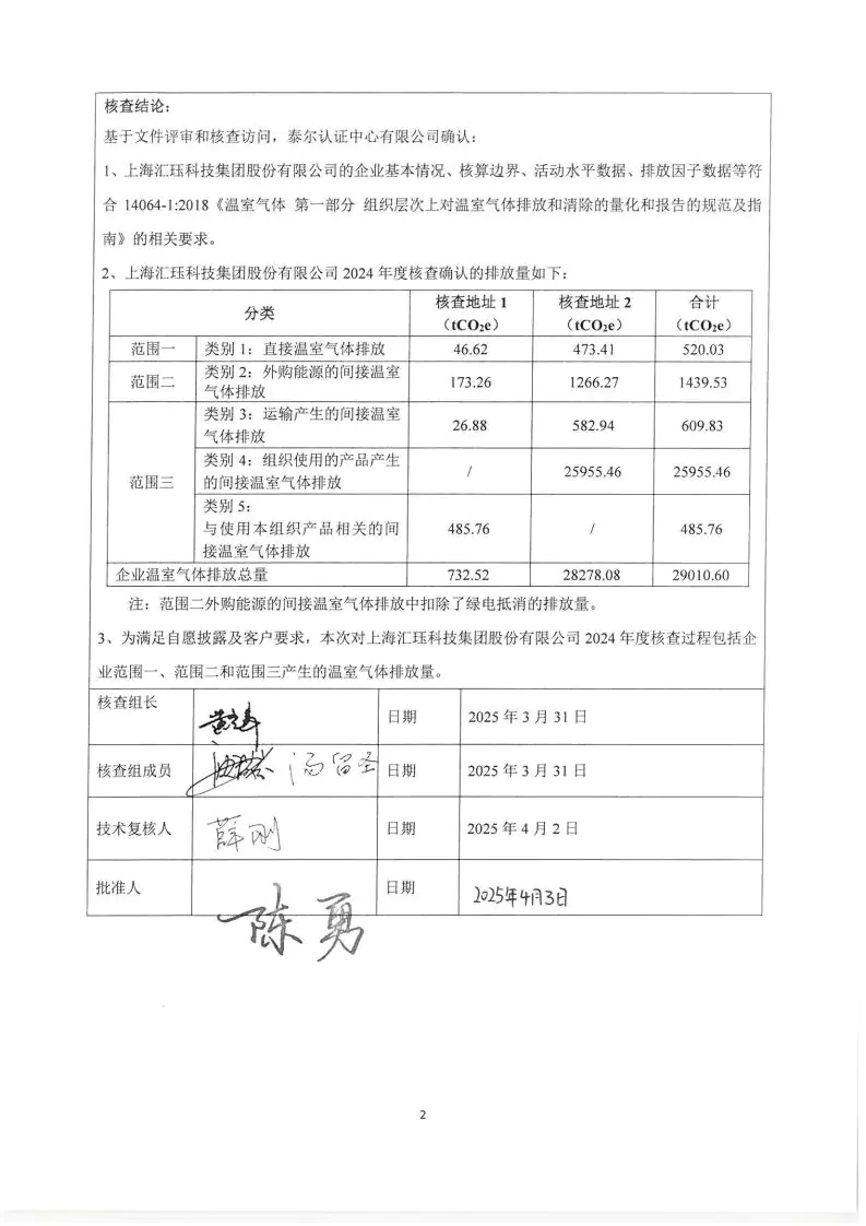 2024年度匯玨科技集團(tuán)溫室氣體核查聲明及對(duì)應(yīng)報(bào)告信息披露